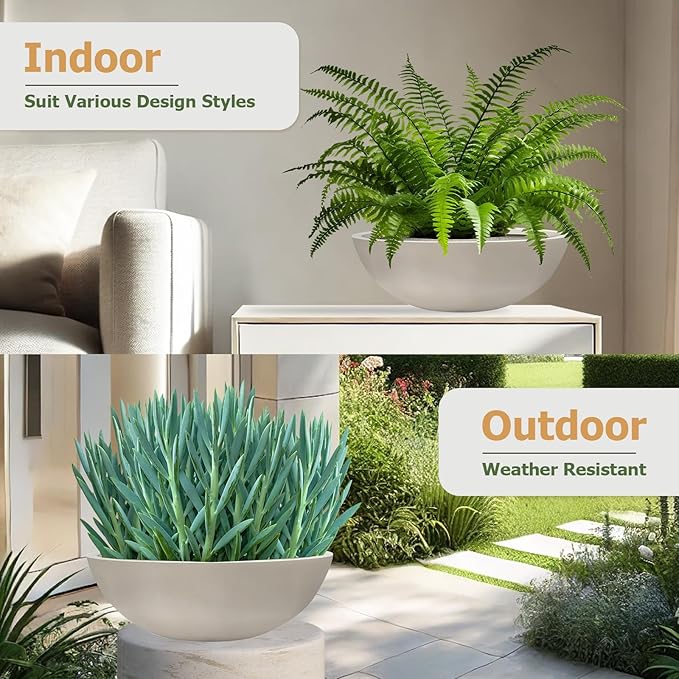 KUTE NEST 6.9" H x 19.7" D Round Bowl Fiberstone Planter for Succulent and Lotus with Drainage Hole, Smooth Finishes, Weather Resistant, Included 2 Extra Coco Mats (Taupe, 17.9" Pot Opening)