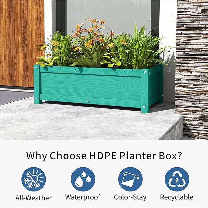 HDPE Planter Box, All-Weather Outdoor Garden Bed Easy to Assemble, Drainage System, Low Maintenance, Non-Fading, for Flower/Herb/Seed (Aruba Blue)