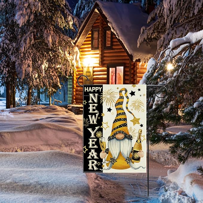 Happy New Year Gnome Decorative Garden Flag, Christmas Winter Celebration Champagne Fireworks Stars Yard Decorations, 2026 Black Gold Outdoor Small Burlap Home Decor Double Sided 12 x 18