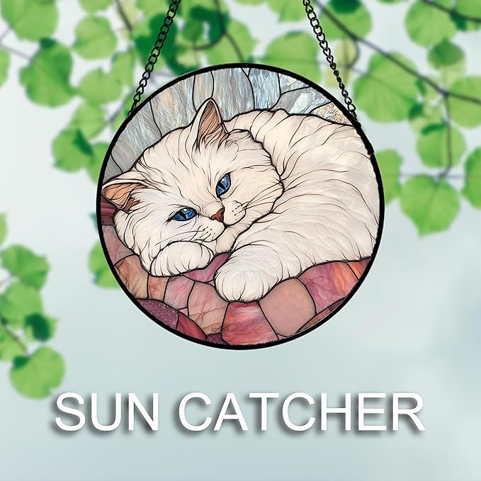 AMDERVEN Stained Glass Window Hanging 4 Pcs Set Cute Cat 6.3" - Suncatcher Door Garden Sun Catcher Decor Birthday Mother's Day Christmas Comfort Gifts for Lost Pet Woman Nana Mom Men Friend