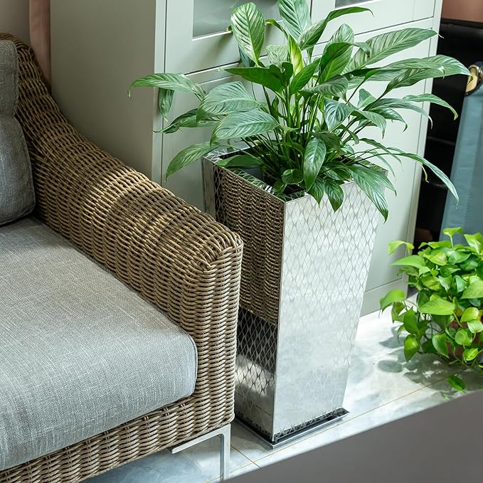 CYC Luxury Stainless Steel Sliver Taper Tall Planter Box Set of 2 with Mirror Etching No Coating 24”H Top 11” Bottom 8”, Decrative Pot Indoor, Modern Décor for Home,Office,Tall Plants,Trees,Flowers