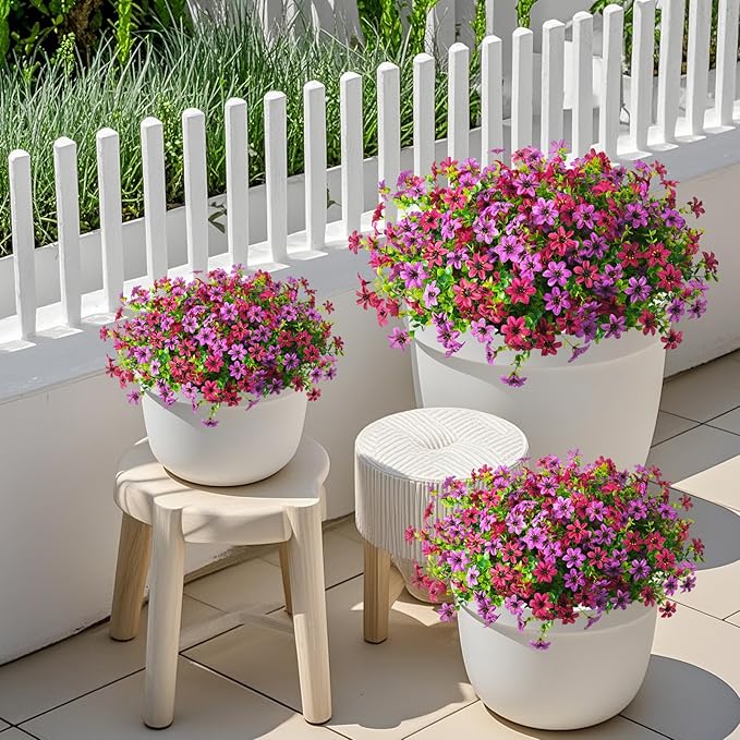 Artificial Flowers for Outdoors 12 Bundles Fake Plants Spring Home Decoration, Realistic Faux Flower Silk Daisy with Eucalyptus Stem UV Resistant Patio Planter Porch Yard Window (Light Purple Fuchsia)