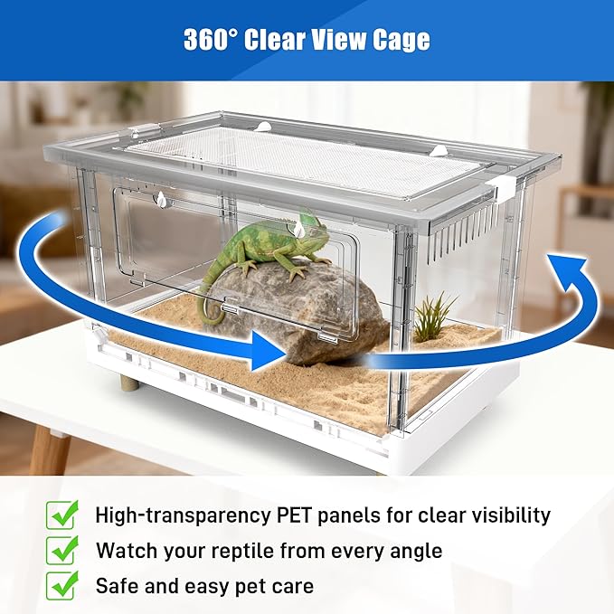 Foldable Reptile Terrarium, 30 Gallon Bearded Dragon Tank Fully Transparent Reptile Enclosure, 28"x17"x16" Front Opening Snake Enclosure Cages with Metal Mesh Roof for Lizard Gecko Spider Turtles