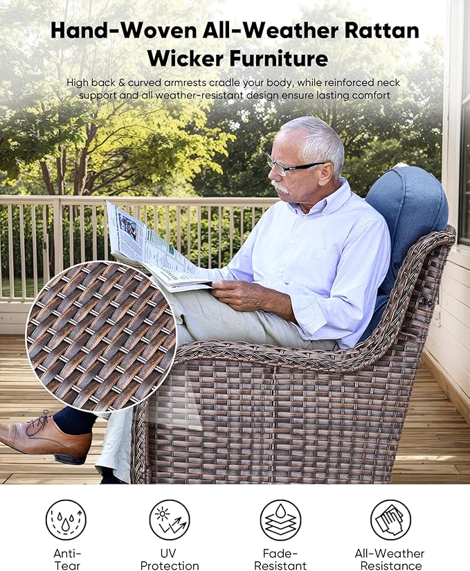 HUMMUH 8 Pieces Wicker Patio Furniture Set with Patio Swivel Chairs Set of 4,High Back Outdoor Sofa Coffee Table Ottomans,6 Inch Thick Cushions Outdoor Conversation Set for Porch, Balcony, Deck