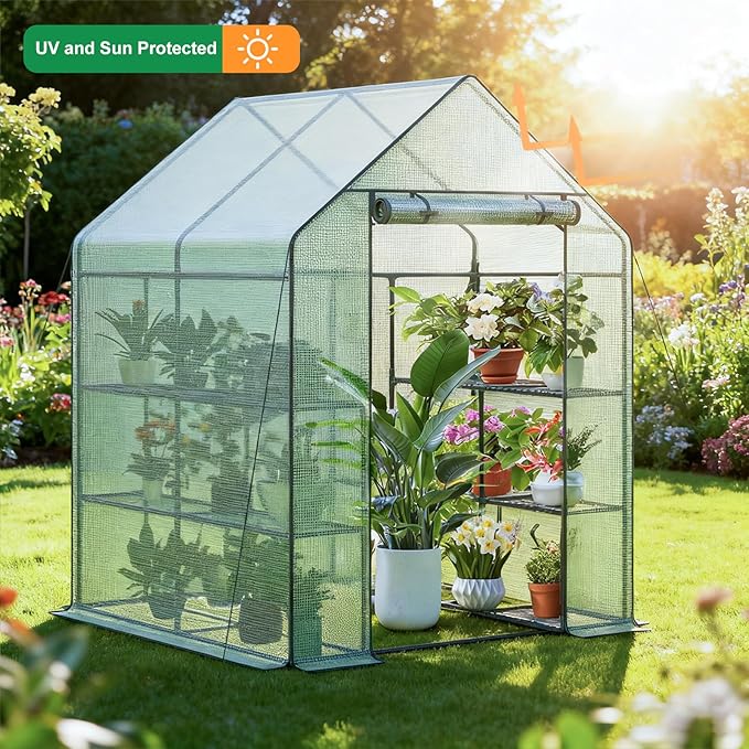 56x56x76 Greenhouse, Portable Green House for Outside Patio, Greenhouses Kit for Outdoor with Shelves, Thicken PE Cover, Ground Nail and Fixed Ropes (Green Cover, 4.6x4.6x6.3 FT)