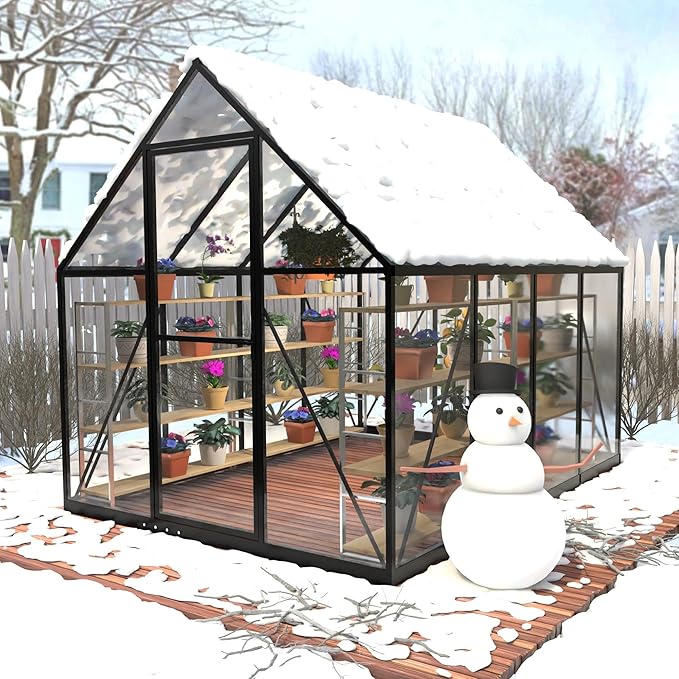 HOOYEAH Outdoor Polycarbonate Greenhouse, 6 x 12 FT Aluminum Frame Plant Green House with Locking Door & Roof Vent, Heavy Duty Winter Greenhouse for Backyard Gardening
