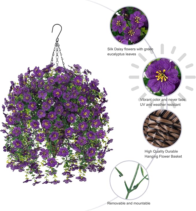 HyeFlora Artificial Hanging Flowers Basket for Outdoor, Fake Flowers Faux Plants Look Real for Yard Gardens Porch Patio Home (Darkpurple)