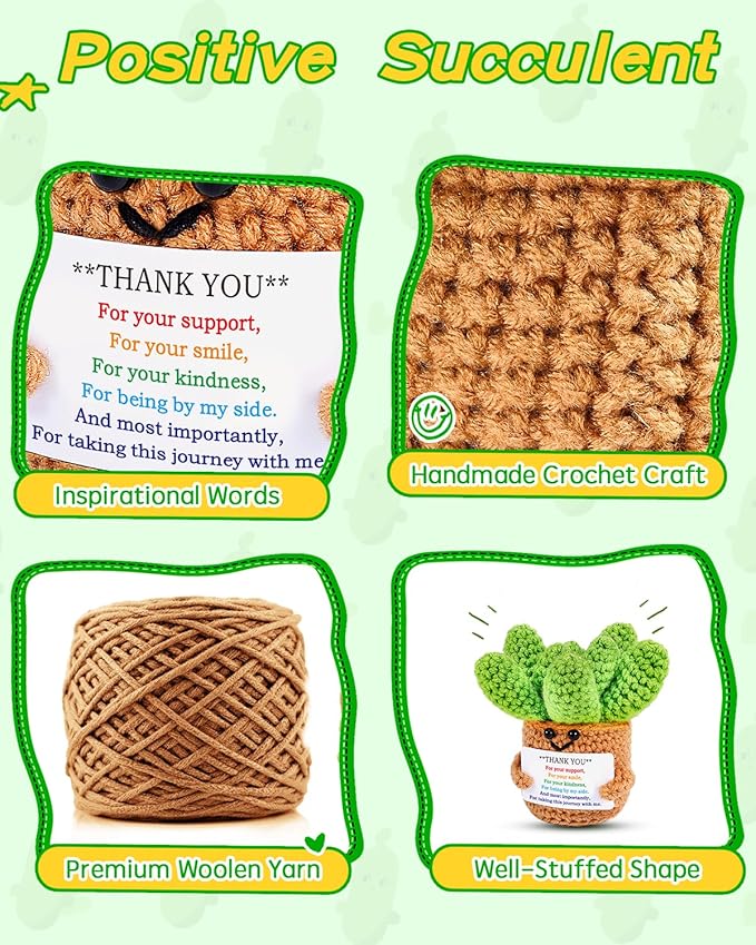JELUTAR Crochet Positive Succulent Plant Thank You Gifts for Birthday Easter Mother's Day, Emotional Uplifting Gifts for Women Men Mom Dad Friends Wife Coworkers Cute Funny Decors (Thank You)
