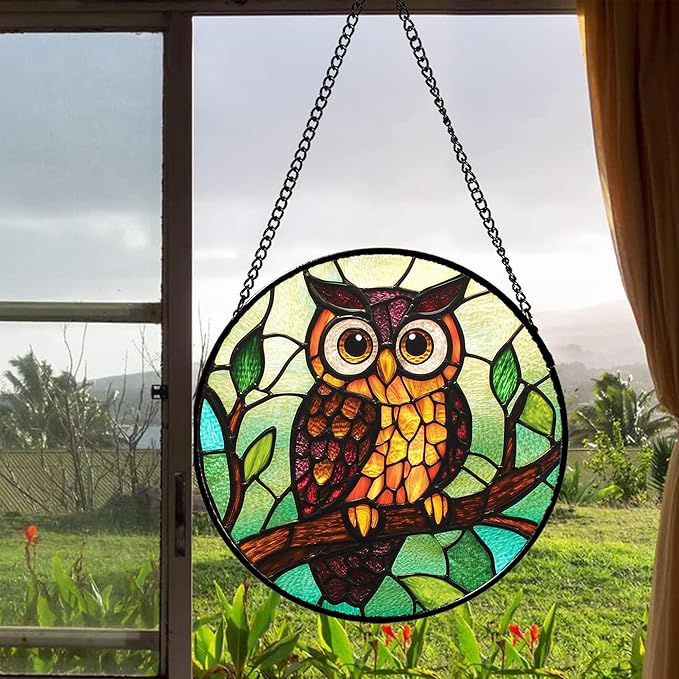 HWRHTR Stained Glass Window Hanging - Owl on a Branch Suncatcher for Doors Window Home Orange Brown Sun Catchers Decor Christmas Mother's Day Birthday Gifts for Teacher Women Men Mom Nana 15 in