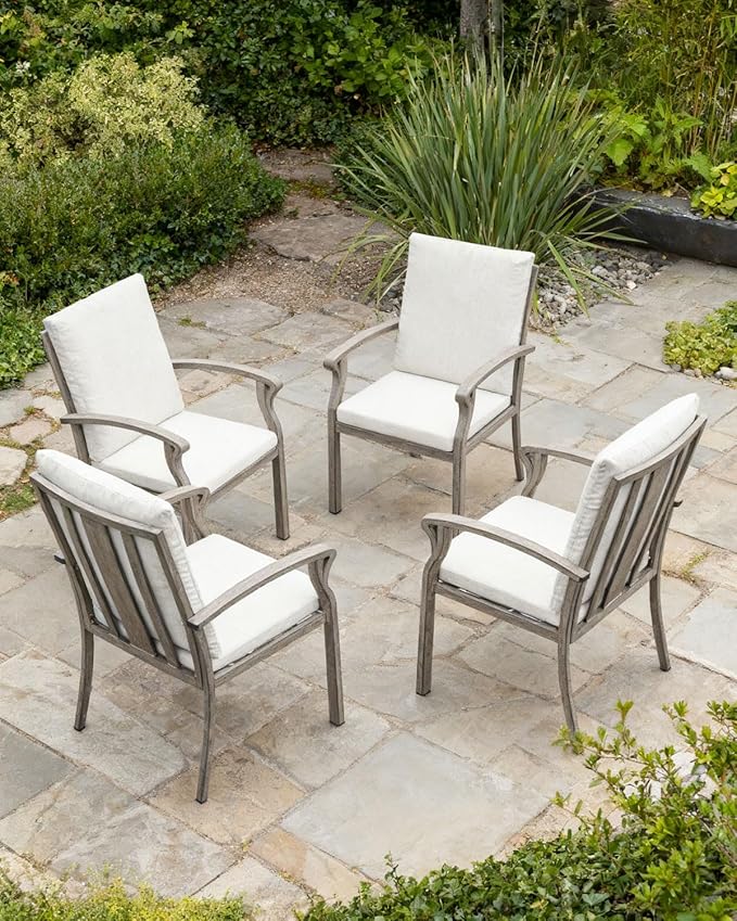 Patio Dining Chairs Set of 4, Aluminum Outdoor Dining Chairs with Thick Cushion, Patio Outdoor Chair Set for Table, Patio Chair Furniture Set for Deck, Backyard, Garden, Pool, Limed Oak