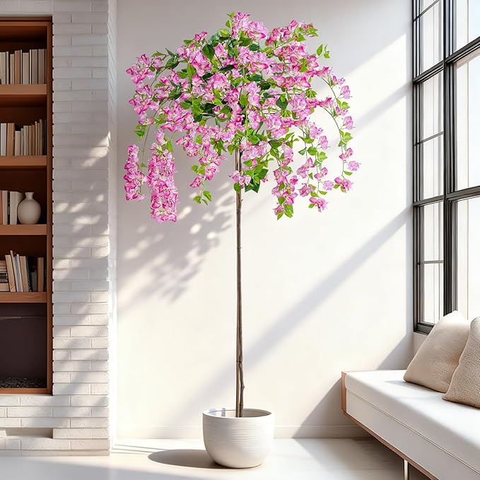 6FT Artificial Bougainvillea Tree Artificial Tree Tall Potted Fake Bougainvillea Trees for Outdoor Indoor Lifelike Potted Faux Plants with Wood Trunk and Flowers Office Wedding Home Decor