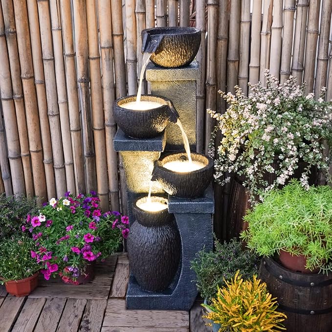 Supmix 37.4”H Water Fountain Outdoor 4- Crocks Modern Garden Fountains LED Lighted Floor Fountain Natural Polyresin Decor for Garden, Patio, Backyard Ard and Home Art DéCor