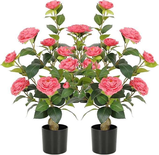 Nafresh 2FT Lush Artificial Pink Camellia Tree Outdoor 2 Pack, 24inch Faux Camellia Plant, Fake Camellia Flowers Tree for Indoor Outdoor Living Room Home Patio Front Door Garden Decor