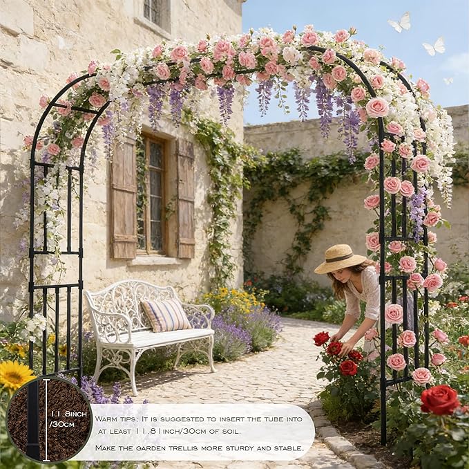 Carotex Square Tube Garden Arch Trellis, 10.5FT x 8.2FT Metal Arbor, Outdoor Trellis for Climbing Plants, Black