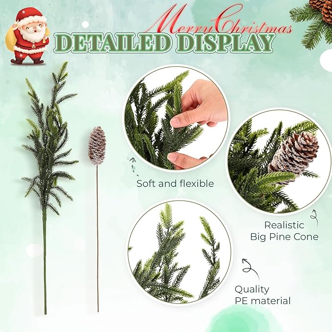 24 Pcs 23 Inch Christmas Realistic Norfolk Pine Branch Set with Pine Cones Stems Artificial Green Plants Branches Faux Greenery Stem Fake Cedar Picks for Vase DIY Garland Wreath Home Decor