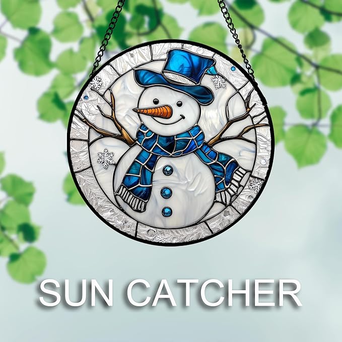 DASTOLL Stained Glass Window Hanging Christmas Snowman Blue White 6.3" - Suncatcher Door Garden Sun Catcher Home Decor Birthday Mother's Day Xmas Gift for Mom Men Woman Her Nana Parents Girl