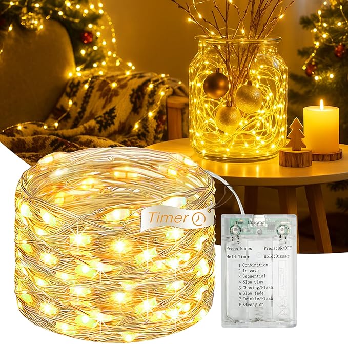 16FT 50 LED Fairy Lights Battery Operated with Timer, 8 Modes USB Mini Twinkle Light, Small String Lights for Tree Wreath Vase Bedroom DIY Holiday Wedding Party Decorations-Warm White