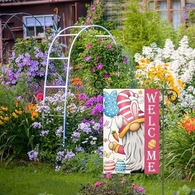 Welcome Easter Gnome Garden Flag 12×18 Inch Double Sided Vertical Spring Yard Outdoor Holiday Yard Lawn Garden Banner (Easter Garden Flag)