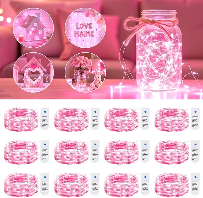 Minetom 12 Pack Pink Christmas Lights, 7ft 20 LED Fairy Lights Battery Operated, Valentines Day Decorations, 8 Modes Timer Waterproof Silver Wire Twinkle Lights, Valentine's Day Lights