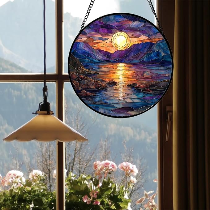 Stained Glass Window Hanging - Blue Purple Lake View Suncatcher for Door Terrace Garden Home Decor Sunset Landscape Sun Catcher Birthday Gifts for Lovers Women Men Dad Mom Nana 11.8 in