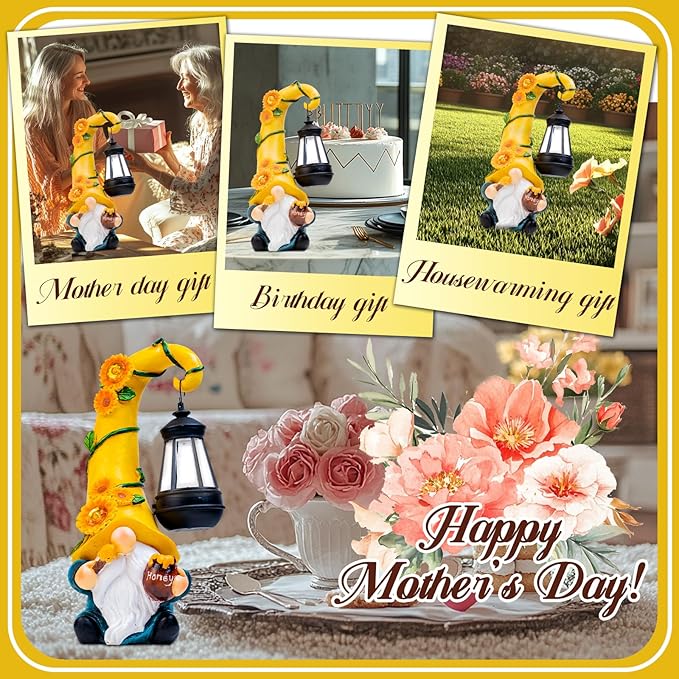 twinbling Mom Birthday Gifts-Garden Gnome Statue with Solar Lights Large Garden Sculptures Funny Triple Gnome Outdoor Patio Lawn Yard Garden Decor Gifts for Women Mom 12 in Spring Gnomes Outdoor