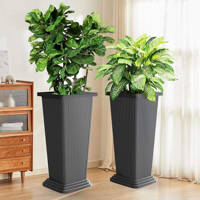 TUYOHW Set of 2 Tall Planters, 24" Large Indoor Outdoor Flower Pots with Tray, Modern Tapered Planters for Porch, Patio, Garden, Backyard