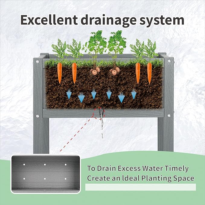 Raised Garden Beds Outdoor,Raised Herb Planter Box Outdoor with Legs and Drainage Hole Waterproof,Rot Resistant,for Vegetables Flower Tomato Patio Backyard Gray