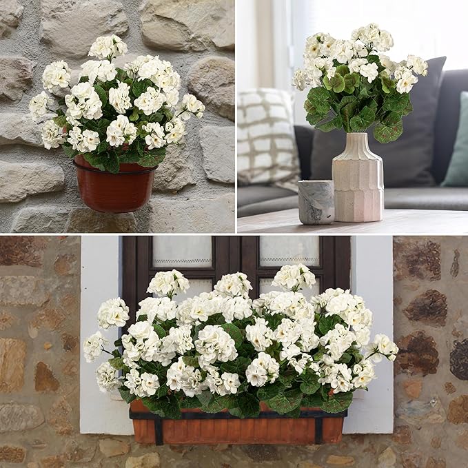 Uqueeten 4pcs Fake Flower Artificial Geranium,Artificial Flowers for Outdoors, White Geraniums Artificial Flowers Realistic,Artificial Geraniums for Outdoors Fake Plant Decoration14.4 (White)