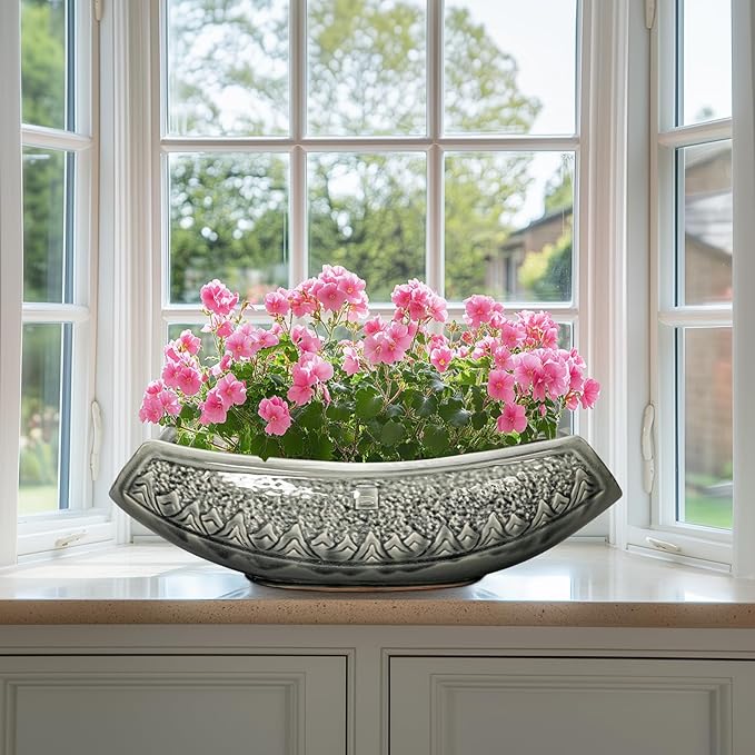 Teagas Bonsai Pots 18 Inch - Ceramic Succulent Pots, Large Bonsai Planter for Indoor Outdoor Plants, Decorative Plant Pot with Drainage Hole, Ceramic Flower Pot, House Decor, Plant Lover Gifts, Grey