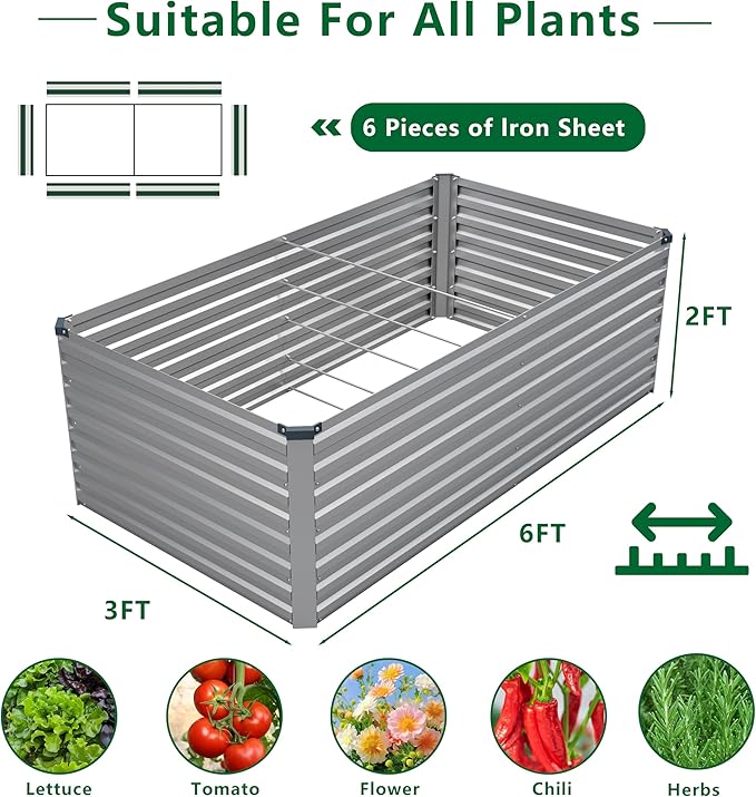 DIIYIV 6x3x2FT Galvanized Raised Garden Bed Kit,Vegetable Plant Boxes-Rectangle Metal Flower Box,Large Planter Raised Beds Outdoor Garden for Planting,Fruit,Herb-Silver