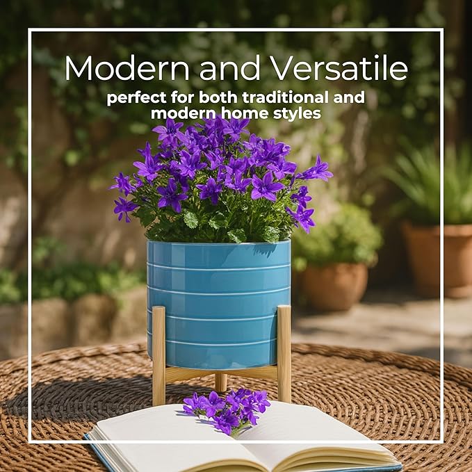 Striped Ceramic Decorative Planter Pot with Stand – Outdoor & Indoor Planter with Stand – Plant Pot for Living Room or Patio – Home Decor, Modern Planters for Indoor Plants – 11", Blue & White