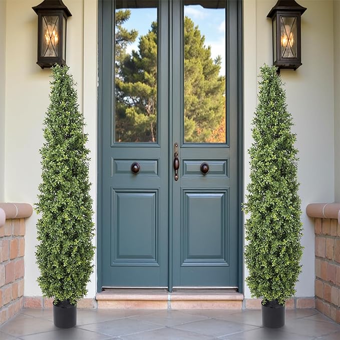Yuwinron Artificial Boxwood Topiary Tree 5FT Fake Topiary Tree Faux Potted Topiary Plant for Porch Home Garden Decor 2Pack
