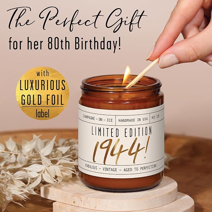 80th Birthday Gifts for Women - 'Limited Edition 1944' Soy, w/Champagne on Ice I 1943 Birthday Gifts for Women I 80 Birthday Gifts for Women I 16oz Reusable Jar, 50Hr Burn, Made in USA