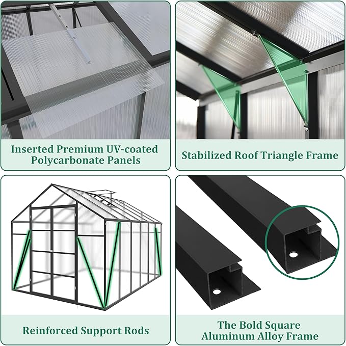 10x12T Greenhouse,Outdoor Polycarbonate Greenhouse with Roof Vent & Integrated Gutters,Aluminum Large Walk-in Green House W/ Reinforced Frame for Outside Garden Backyard,Black