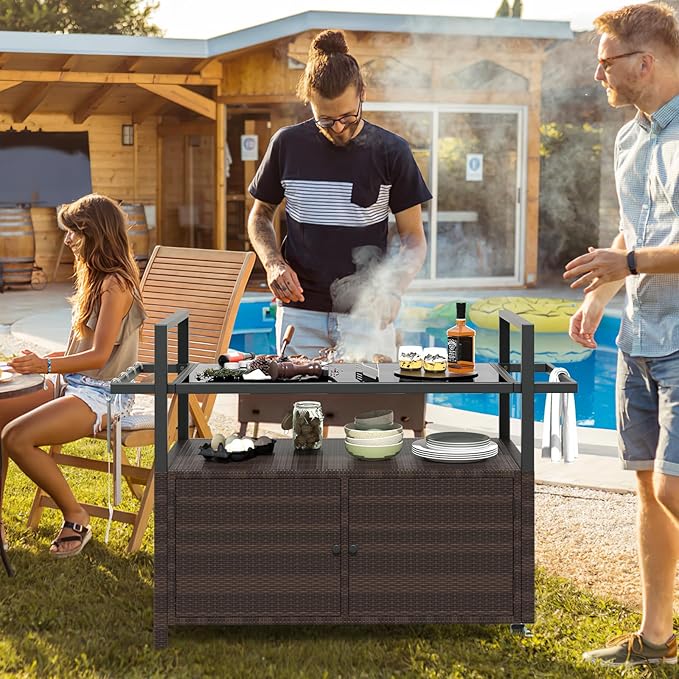 Tangkula Outdoor Bar Cart, Patiojoy Rolling Wicker Buffet Serving Cart with Tempered Glass Top, Storage Cabinet & 8 Hooks, Kitchen Island Cart on Wheels for Porch Backyard Garden Poolside (Mix Brown)