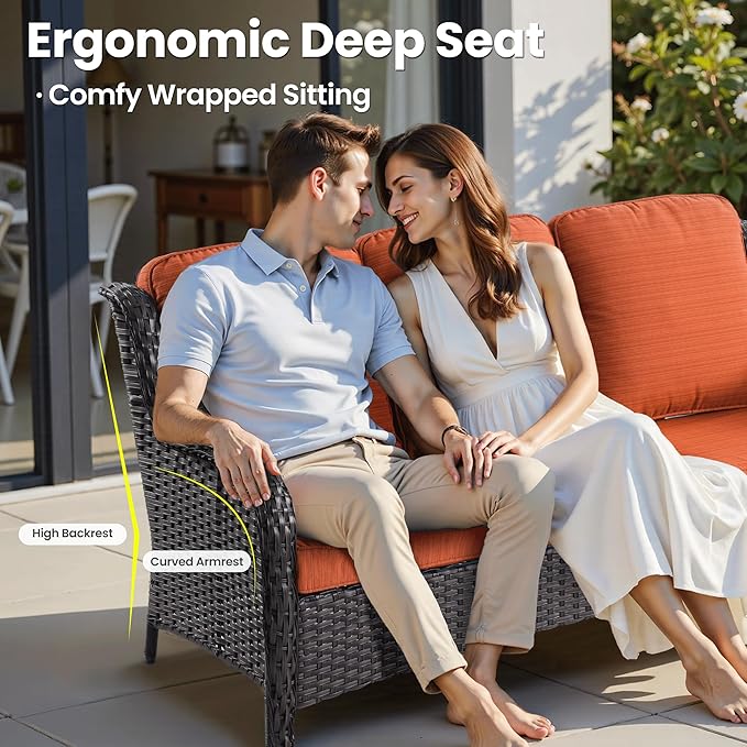 ovios 5 Pieces Patio Furniture Set, Outdoor Wicker Sofa Couch with Swivel Chairs 42" Fire Pit Table, High Back Modern All Weather Conversation Sets, Brown Rattan, Orange Red