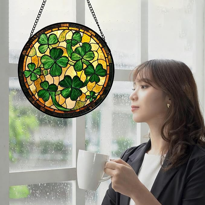 QZQCBLC Stained Glass Window Hanging Green Retro Lucky Clover Large 15" - Suncatcher Door Garden Sun Catcher Ireland Decor Birthday Mother's St. Ripack's Day Gift for Woman Mom Men Friend Nana Wife