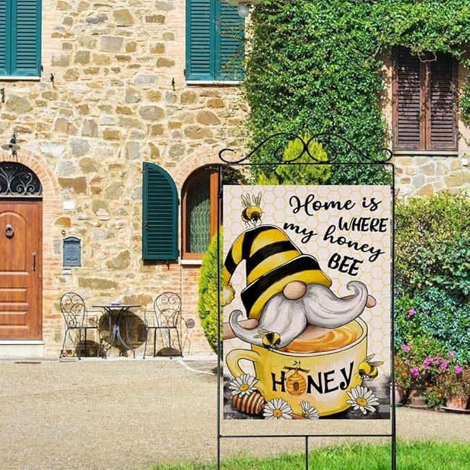 Artofy Home Bumble Bee Gnome Decorative House Flag, Garden Yard Spring Summer Outside Decor, Outdoor Large Burlap Double Sided 28 x 40