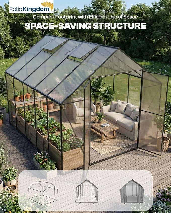 8x8 FT Greenhouse, Outdoor Greenhouse with Aluminum Frame, Polycarbonate Greenhouse for Outdoors with Roof Vent, Walk in Greenhouse for Outside Garden Backyard, Patio, Lawn (Black)