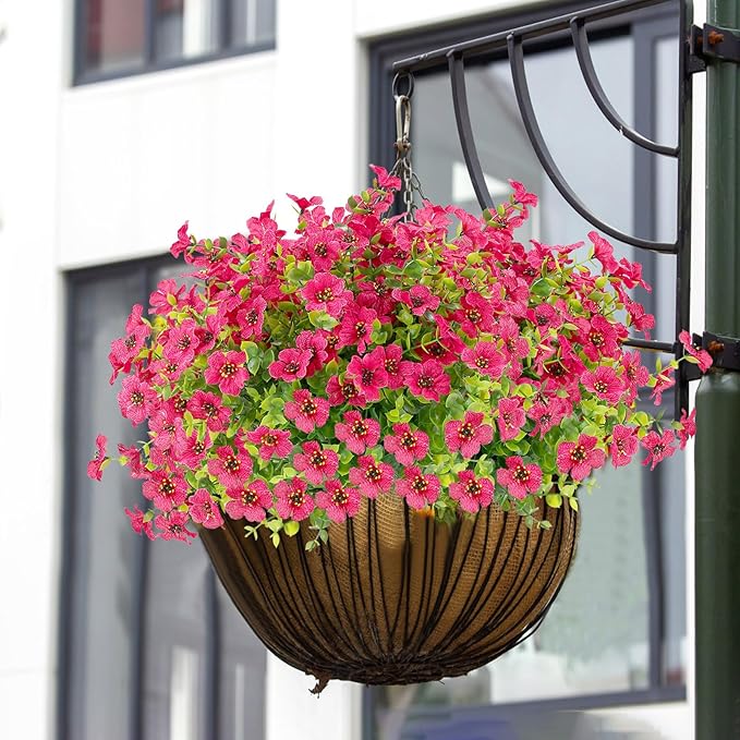 Artificial Flowers for Outdoors UV Resistant, 12 Bundles Fake Silk Flowers Outside Fade Resistant Faux Plants for Outdoor Planters, Window Box, Front Porch-Fuchsia