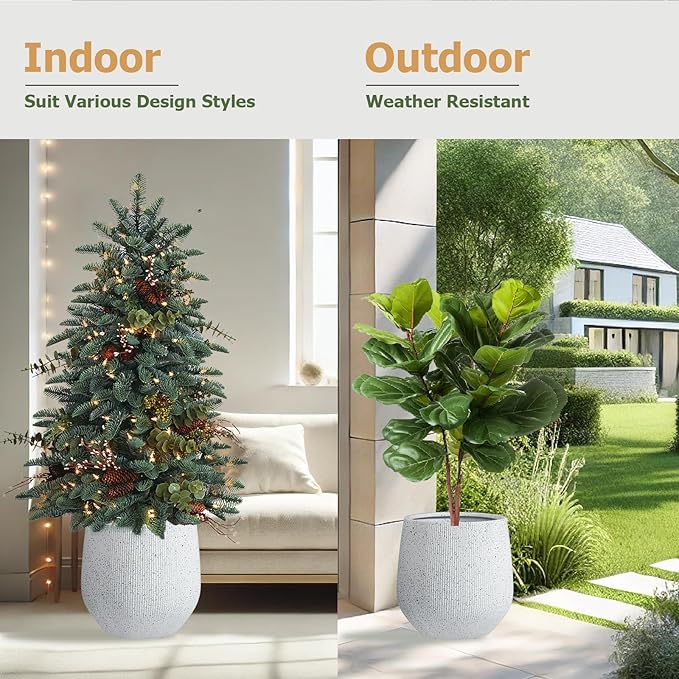 KUTE NEST 21"H x 19"D Ribbed Corso Fiberstone Round Tapered Planter with Drainage Hole, Weather Resistant for Indoor & Outdoor Use, Included 2 Extra Coco Mats (Ribbed Speckled White, 15" Pot Opening)