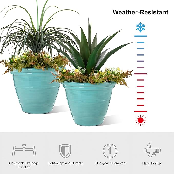Glitzhome 19.5"D Tall Planters, Large Flower Pots with Turquoise Faux Ceramic Finish, Plastic Tall Planters for Outdoor Plants with Drainage Holes,Round Plant Pots for Front Porch Patio Deck, Set of 2