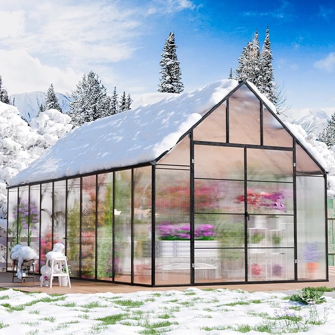 CDCASA 10x20 FT Greenhouse for Outdoors,Large Easy Assembly Polycarbonate Greenhouse Aluminum Greenhouses w/4 Vents Windows, Swing Door Walk-in Green House for Ouside,Backyard,Garden, Black