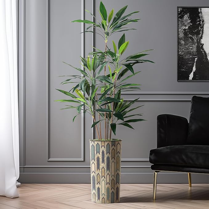 SIGNWIN Artificial Tree in Modern Polygon Pattern Effect Planter, Fake Dracaena Tree Silk Tree for Indoor and Outdoor Home Decoration - 66" Overall Tall (Plant Pot Plus Tree)