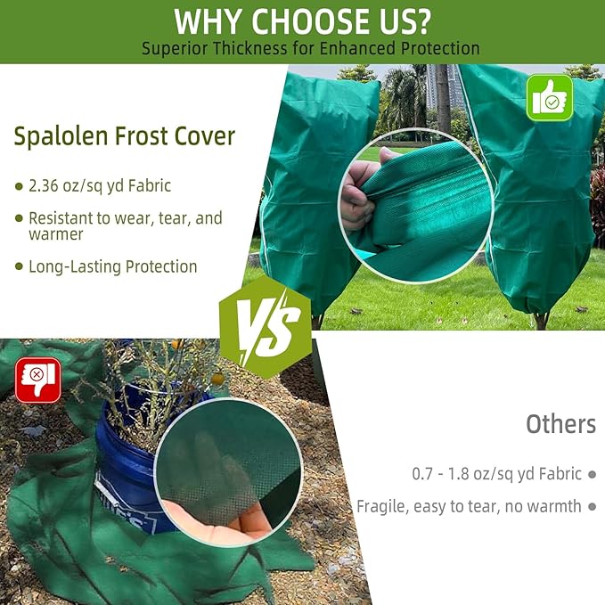 2 Pack Plant Covers Freeze Protection, 40"W x 45"H Winter Frost Blanket 2.36 oz/yd² Fabric Frost Cloth Tree Covers Shrub Jacket Bag with Zipper & Drawstring for Plants Fruit Tree Shrub Potted - Green