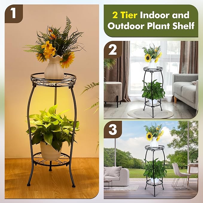 Dunkive Plant Stand indoor Outdoor 2 Tier 27" with Grow Light, Tall Metal Potted Holder Rack Flower Stand Rustproof Iron Heavy Duty Round Plant Shelf for Planter Corner Home Garden Balcony Patio