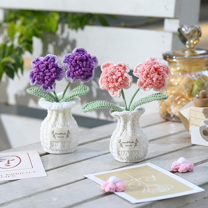 YOOJEE Crochet Paris Polyphylla Flower Pot Handmade Knitted Desk Decor Pink Potted Plant for Home Office