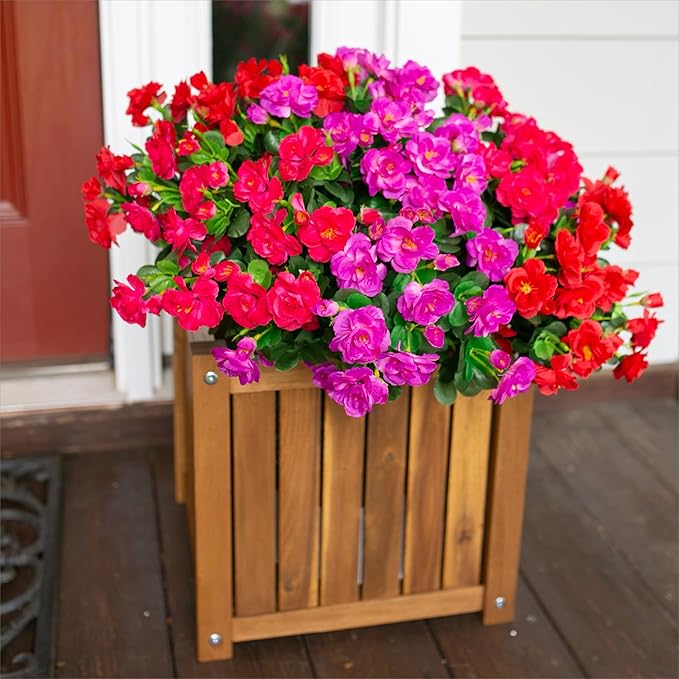 Artificial Faux Outdoor Flowers Plants For Spring Decor, Fake Silk Colorful Camellia UV Resistant Look Real for Planter Outside Porch Patio Balcony Garden Yard Home Decoration, 3 Large Bundles
