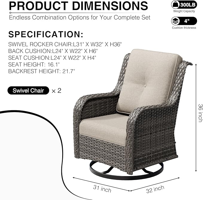 Joyside Swivel Patio Chairs Set of 2, Wicker Patio Furniture with High Back, Deep Seating, Wide Armrest, Thickened Cushions, Outdoor Rattan Furniture for Deck, Porch Use