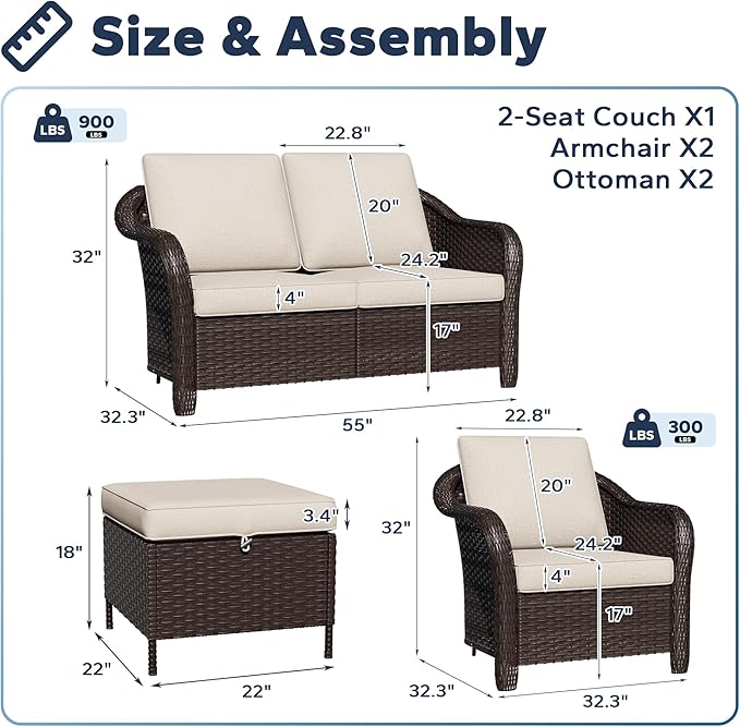 5 PCS Outdoor Conversation Set | 55" Couch, 2 Chairs, 2 Ottomans, Patio Wicker Conversation Furniture with Removable Cushions for Bistro, Deck, Sunroom (Beige)